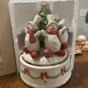 Vintage Christmas Traditions Snowmen & Tree Ceramic Musical Box